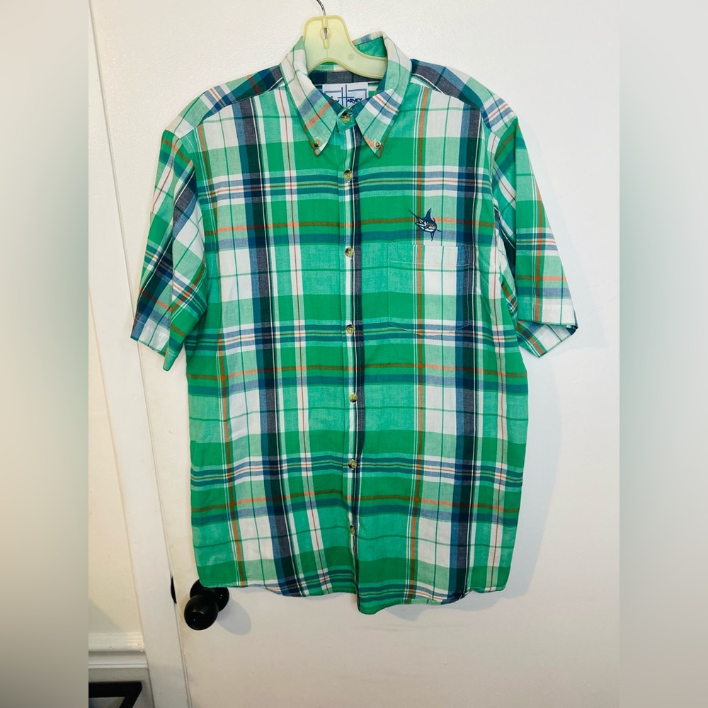 Guy Harvey By Aftco Button Down Shirt Mens M Green Blue Plaid Short Sleeve